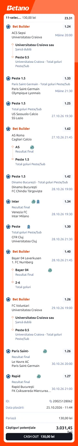 Bilet săptămânal din fotbal 26 octombrie 2026
