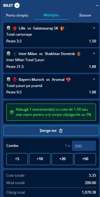 Biletul zilei azi din Champions League 21.10.2026