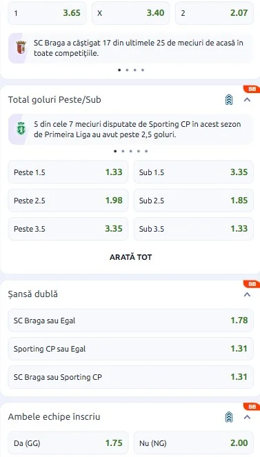 Cote pariuri Braga vs Sporting