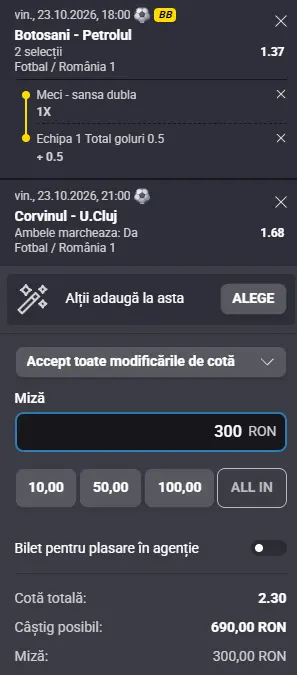 Cota 2 din fotbal azi 23.10.2026