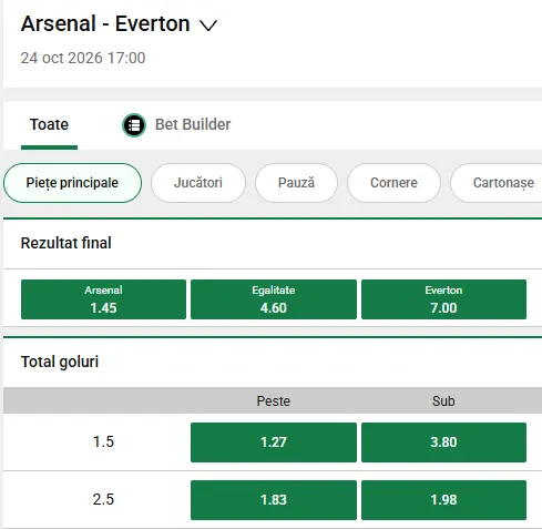Cote pariuri Arsenal vs Everton oferite de Unibet