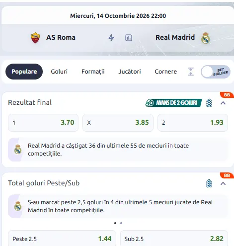 Cote pariuri AS Roma - Real Madrid la Betano