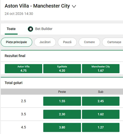 Cote pariuri Aston Villa - Manchester City la Unibet