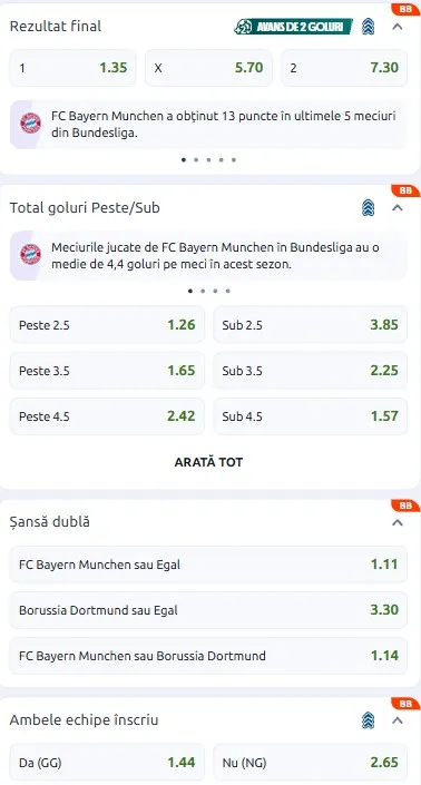 Cote pariuri Bayern - Dortmund la Betano