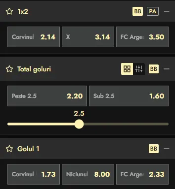 Cote pariuri Corvinul Hunedoara - FC Argeș la Don