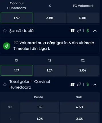 Cote pariuri Corvinul Hunedoara - FC Voluntari la VBet