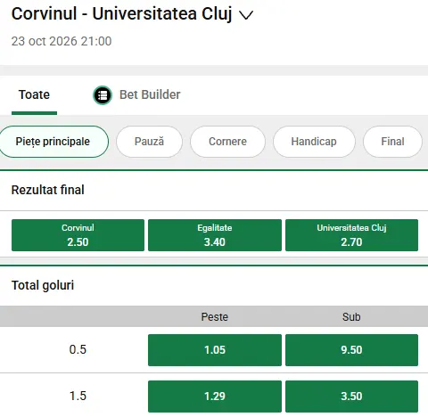 Cote pariuri Corvinul Hunedoara vs U Cluj la Unibet
