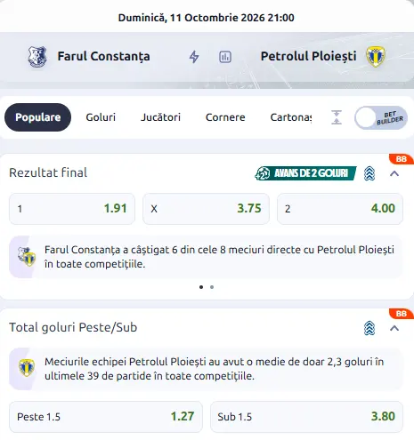 Cote pariuri Farul Constanța - Petrolul Ploiești la Betano