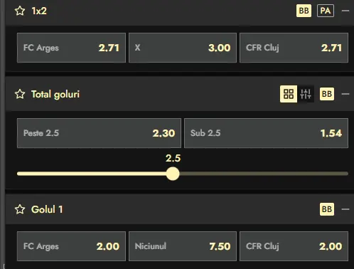 Cote pariuri FC Argeș vs CFR Cluj la Don
