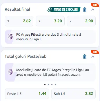 Cote pariuri FC Argeș vs UTA Arad la Betano