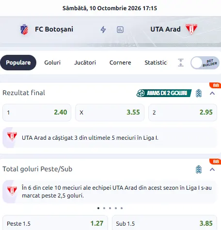 Cote pariuri FC Botoșani vs UTA Arad la Betano