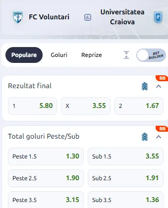 Cote pariuri FC Voluntari - Universitatea Craiova în oferta Betano