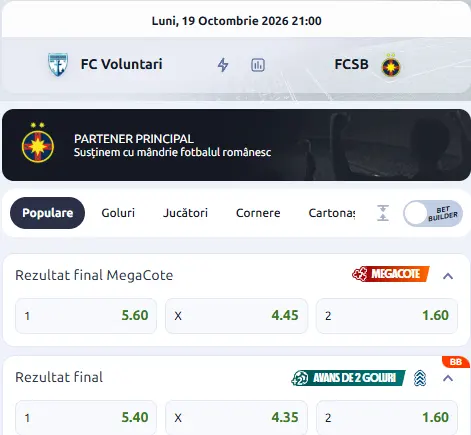 Cote pariuri FC Voluntari vs FCSB acordate de Betano