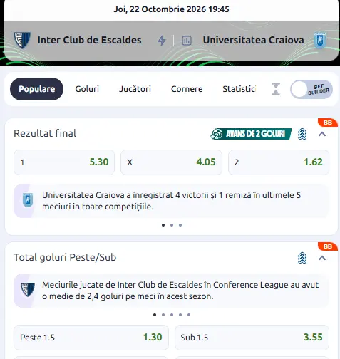 Cote pariuri Inter Escaldes - Universitatea Craiova la Betano