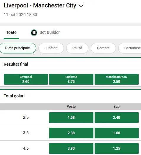 Cote pariuri Liverpool - Manchester City la Unibet