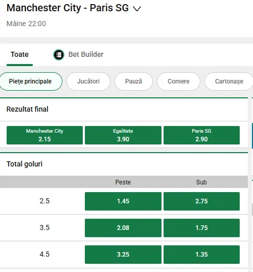 Cote pariuri Manchester City - PSG oferite de Unibet