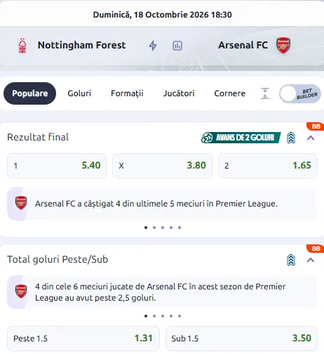 Cote pariuri Nottingham vs Arsenal la Betano