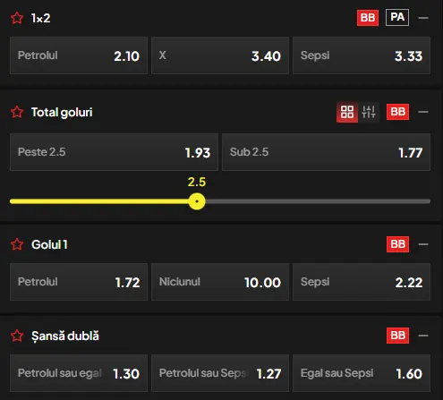 Cote pariuri Petrolul Ploiești - Sepsi la TopBet