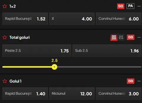 Cote pariuri Rapid vs Corvinul Hunedoara la TopBet