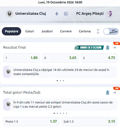 Cote pariuri U Cluj vs FC Argeș la Betano