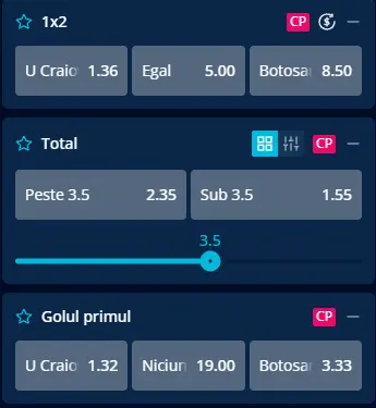 Cote pariuri Universitatea Craiova - FC Botoșani la Mr Bit