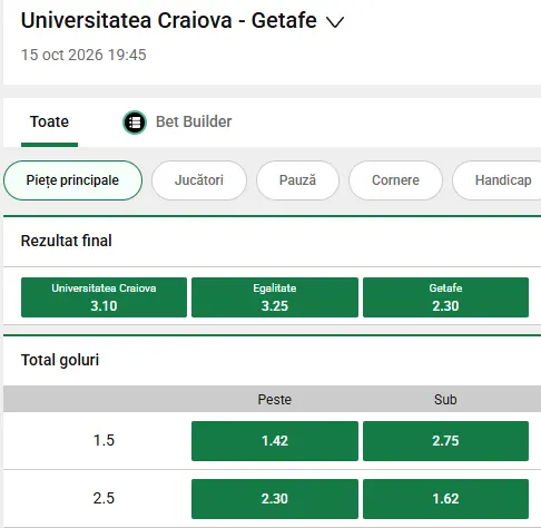 Cote pariuri Universitatea Craiova vs Getafe la Unibet