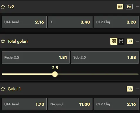 Cote pariuri UTA Arad vs CFR Cluj oferite de Don