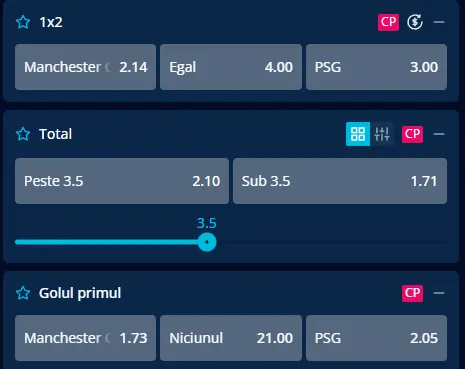 Cotele la pariuri oferite de Mr Bit pentru Manchester City - PSG