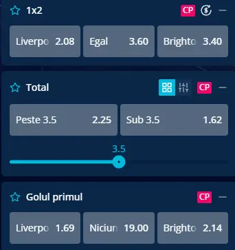 Cotele oferite de Mr Bit în Liverpool vs Brighton