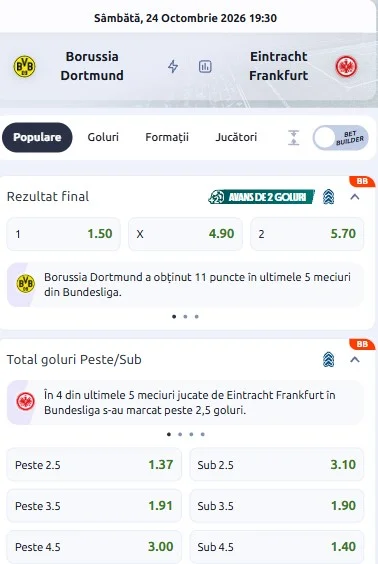 Cote pariuri Dortmund - Frankfurt
