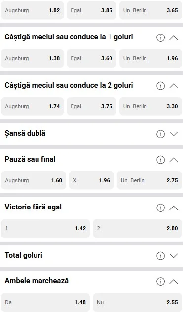 Cote pariuri FC Augsburg - Union Berlin