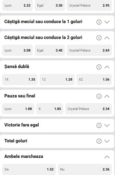 Cote pariuri Lyon - Crystal Palace