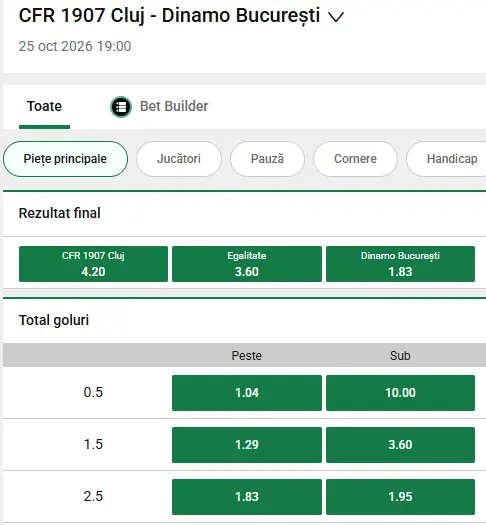 Oferta de cote pariuri CFR Cluj vs Dinamo la Unibet