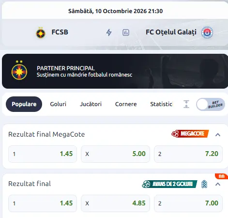 Oferta de cote pariuri FCSB vs Oțelul Galați la Betano