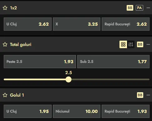 Oferta de cote pariuri U Cluj vs Rapid la Don