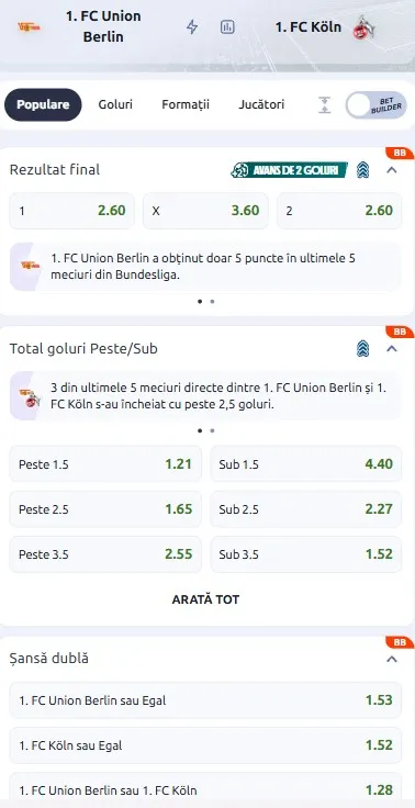Cote pariuri Union Berlin vs FC Koln
